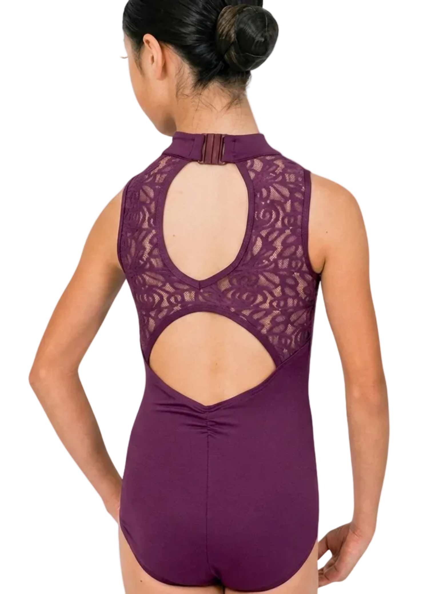 Danznmotion Quintessa Lace Leotard in Merlot, back view showing mock neck with lace upper back panel and double cutout detail