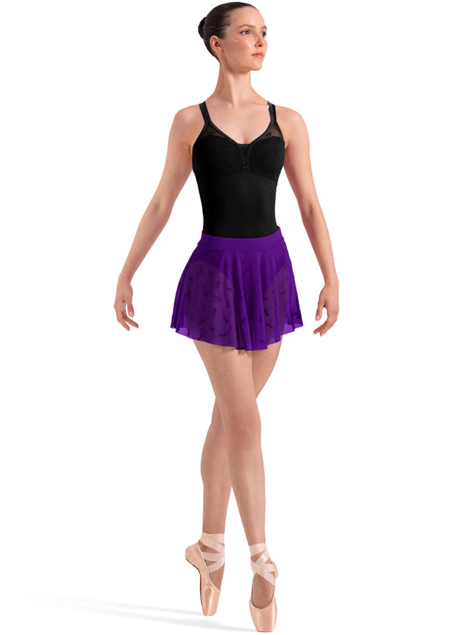 Bloch Floral Pull On Skirt in Midnight Amethyst, front view showing short floral mesh ballet skirt with elastic waistband