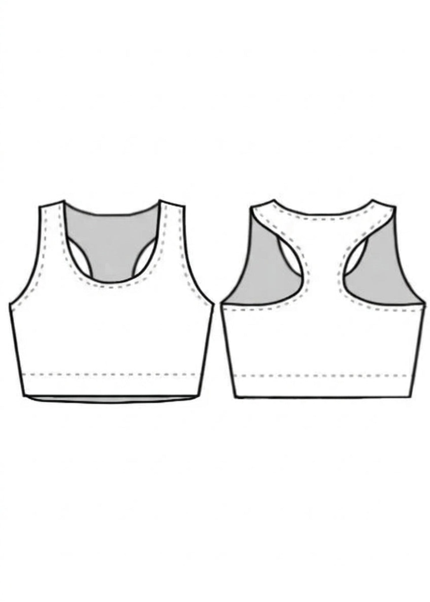 BP Designs Racer Back Bra Top in Black Silkskyn, front and back illustration showing scoop neck and racerback