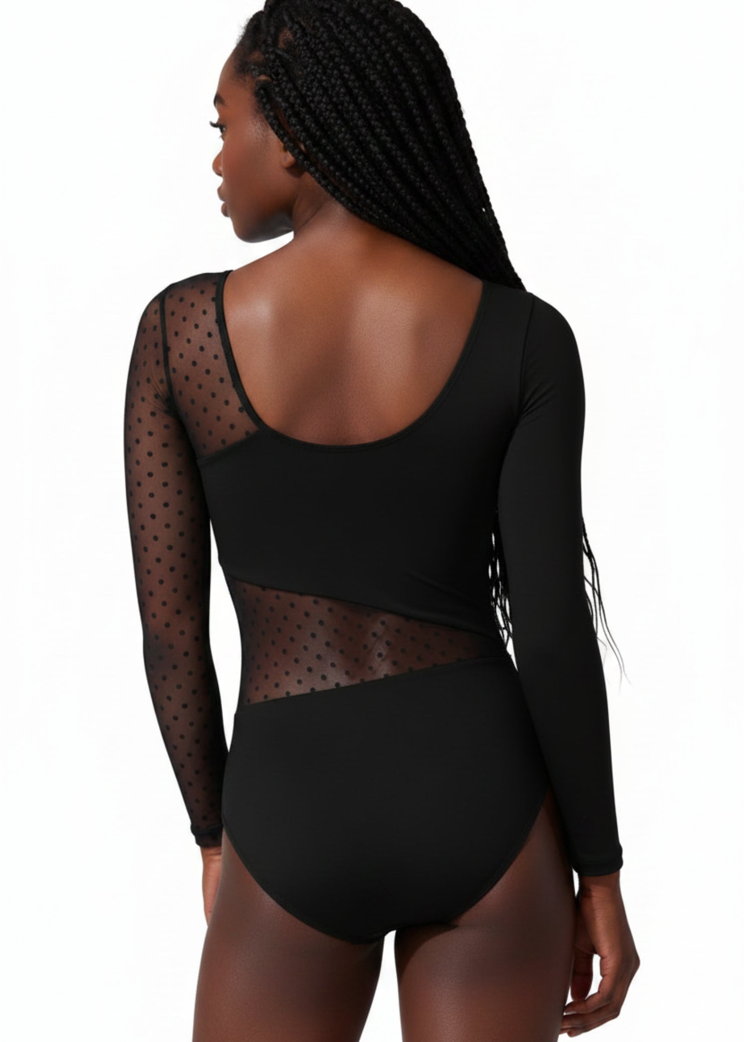 Capezio Rainforest Leotard in Black, back view showing scoop back with floral mesh sleeves and diagonal waist panel