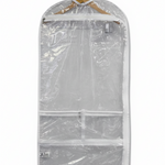 Clear garment bag with a hanger on a white background