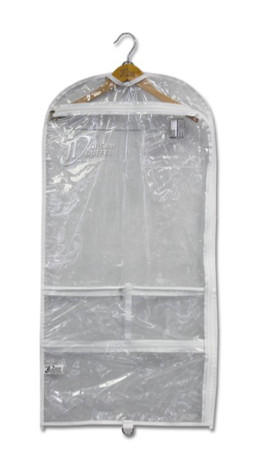 Clear garment bag with a hanger on a white background