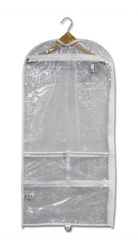 Clear garment bag with a hanger on a white background