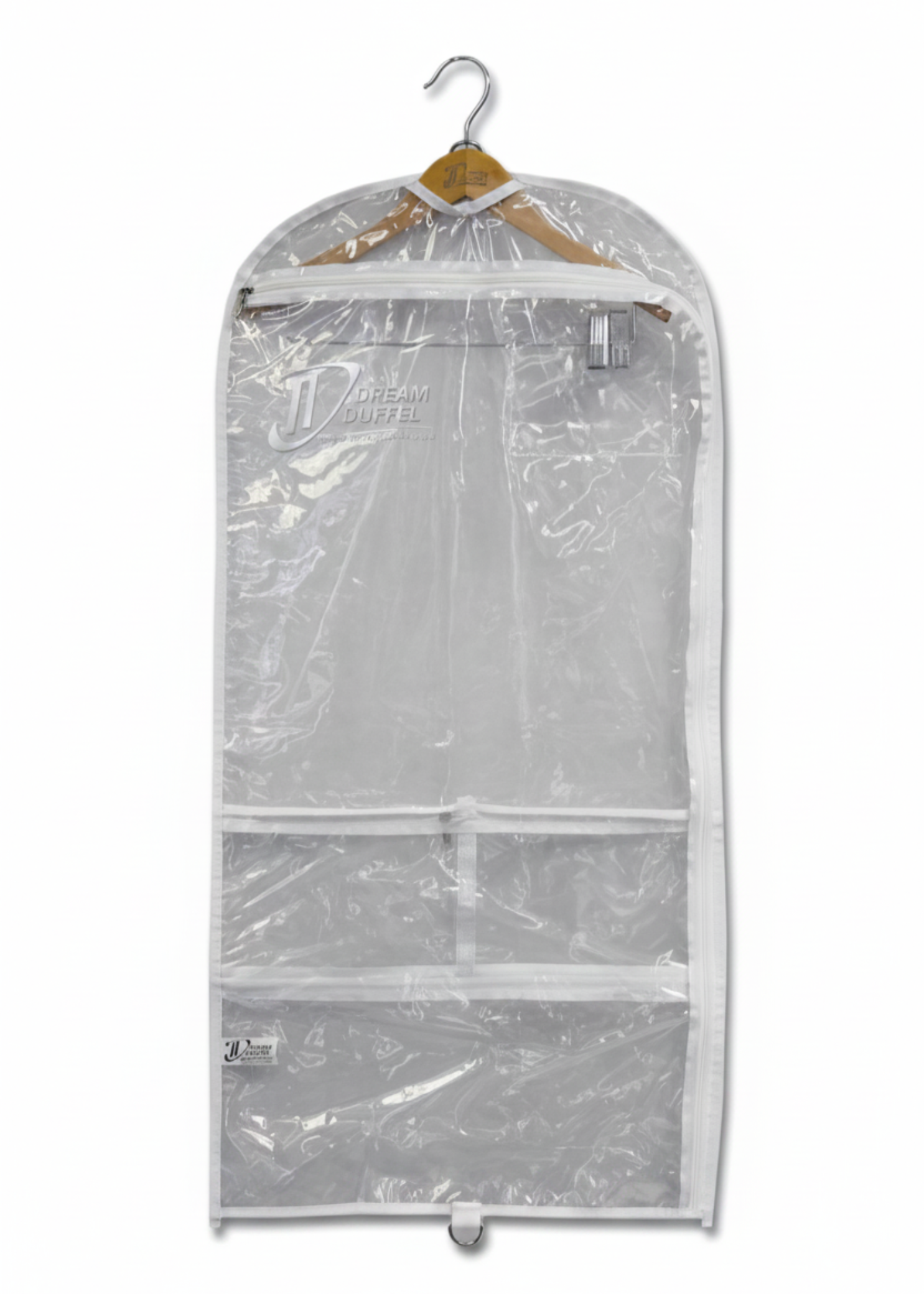 Clear garment bag with a hanger on a white background