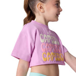 Capezio Retro Box Tee in Orchid, side view showing cotton-blend fabric, cropped hem and stacked Capezio lettering