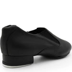 Capezio Riff Slip-On Tap Shoe in Black, angled back view showing heel construction and slip-on design