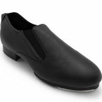 Capezio Riff Slip-On Tap Shoe in Black, angled lateral side view showing slip-on construction and tap shoe profile