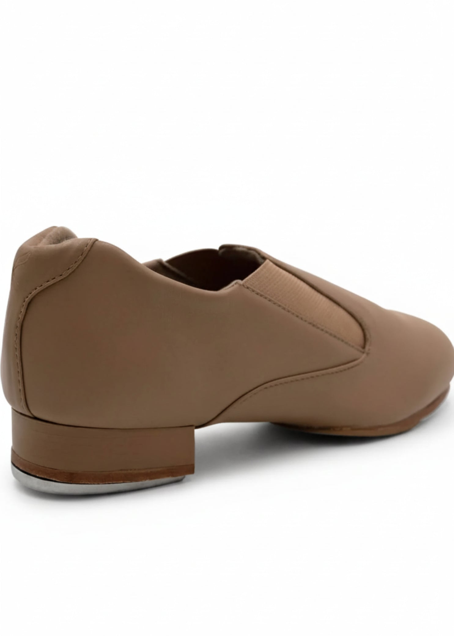Capezio Riff Slip-On Tap Shoe in Caramel, angled back view showing heel construction and slip-on design