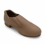 Capezio Riff Slip-On Tap Shoe in Caramel, angled lateral side view showing slip-on construction and tap shoe profile