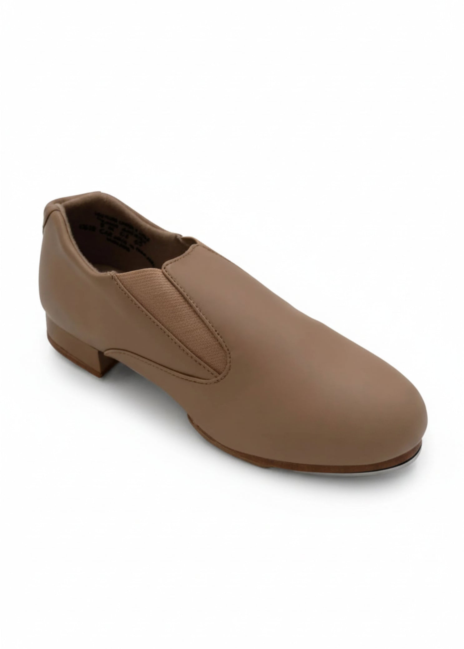 Capezio Riff Slip-On Tap Shoe in Caramel, angled lateral side view showing slip-on construction and tap shoe profile