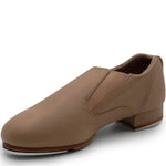 Capezio Riff Slip-On Tap Shoe in Caramel, angled medial side view showing upper and slip-on construction
