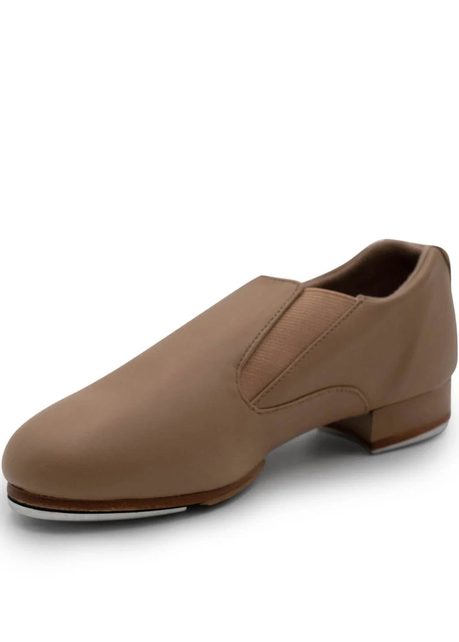 Capezio Riff Slip-On Tap Shoe in Caramel, angled medial side view showing upper and slip-on construction