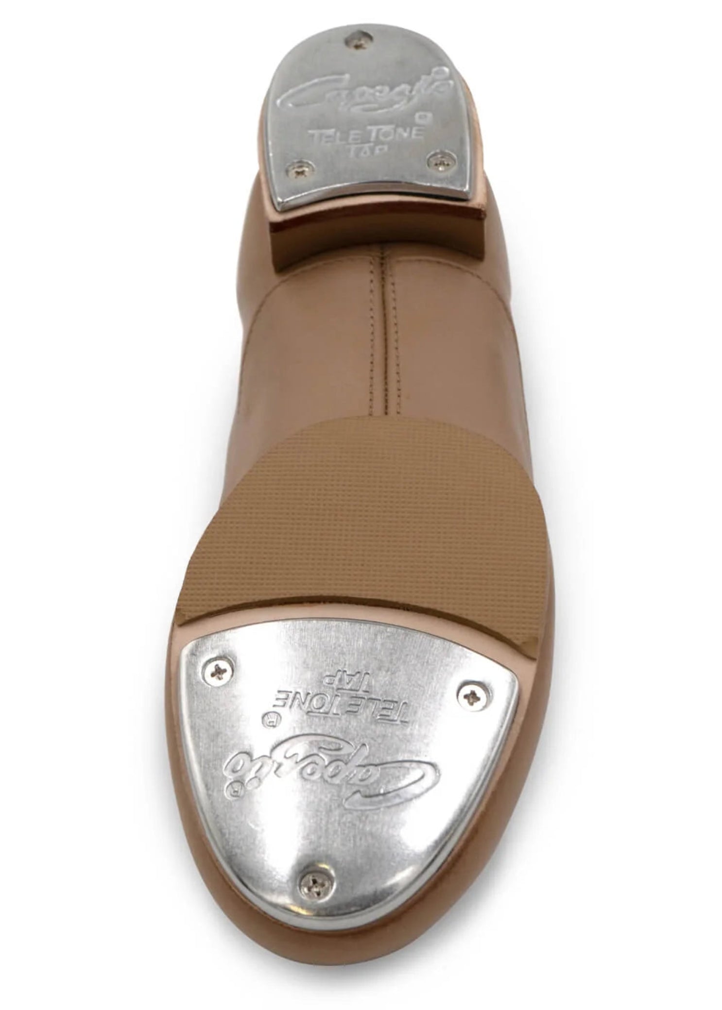 Capezio Riff Slip-On Tap Shoe in Caramel, outsole view showing tap placement and sole construction