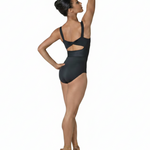 Danznmotion Riley Leotard in Black, back view showing front and back with diagonal mesh panel and center back twist knot