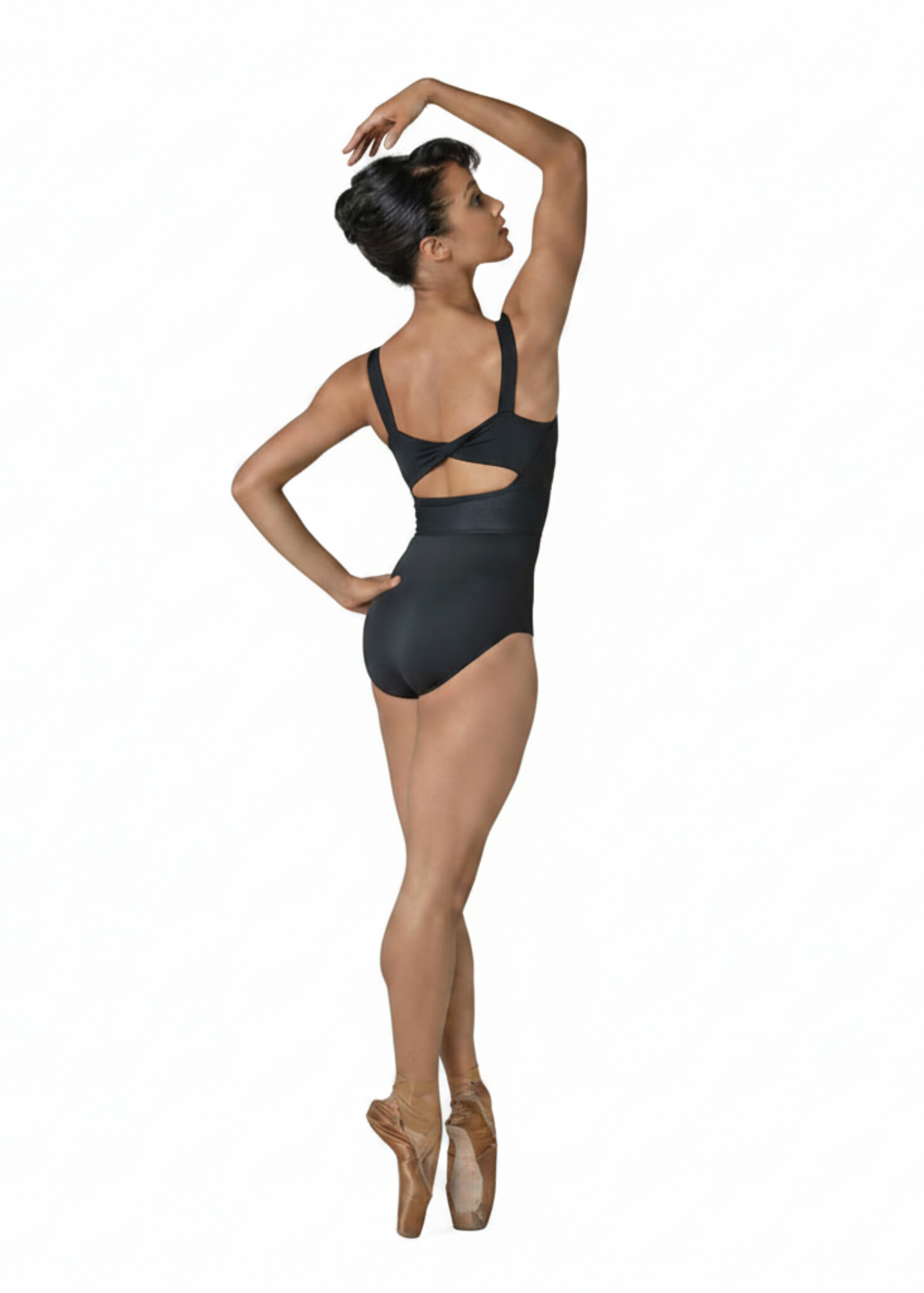 Danznmotion Riley Leotard in Black, back view showing front and back with diagonal mesh panel and center back twist knot