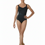 Danznmotion Riley Leotard in Crimson, front view showing sweetheart V-neck with diagonal sheer mesh panel and wide straps