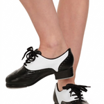 Capezio Leather tap shoe in black and white, medial side view showing stacked leather heel and Tele Tone taps