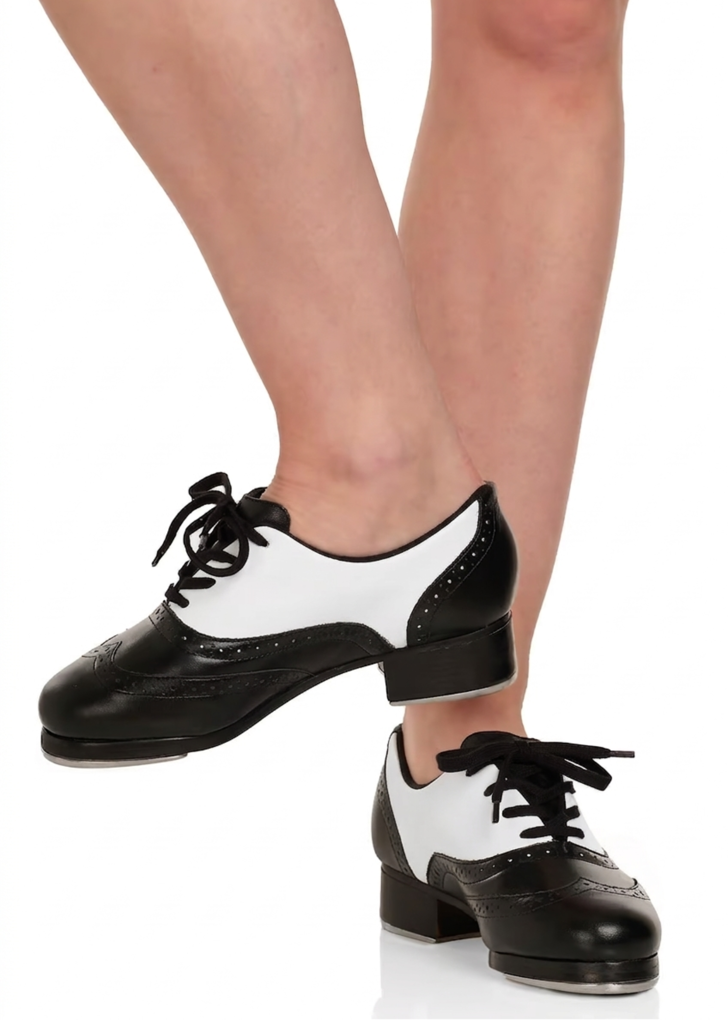 Capezio Leather tap shoe in black and white, medial side view showing stacked leather heel and Tele Tone taps