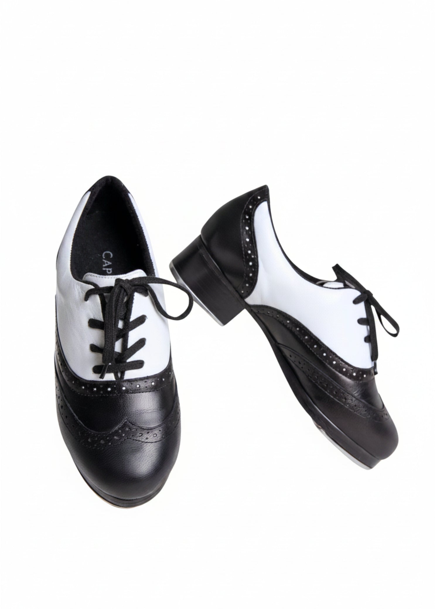 Capezio Leather tap shoe in black and white, top and medial side view showing wingtip styling and Tele Tone taps