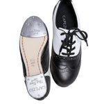 Capezio Leather tap shoe in black and white, outsole and top view showing Tele Tone taps and double-layer sole