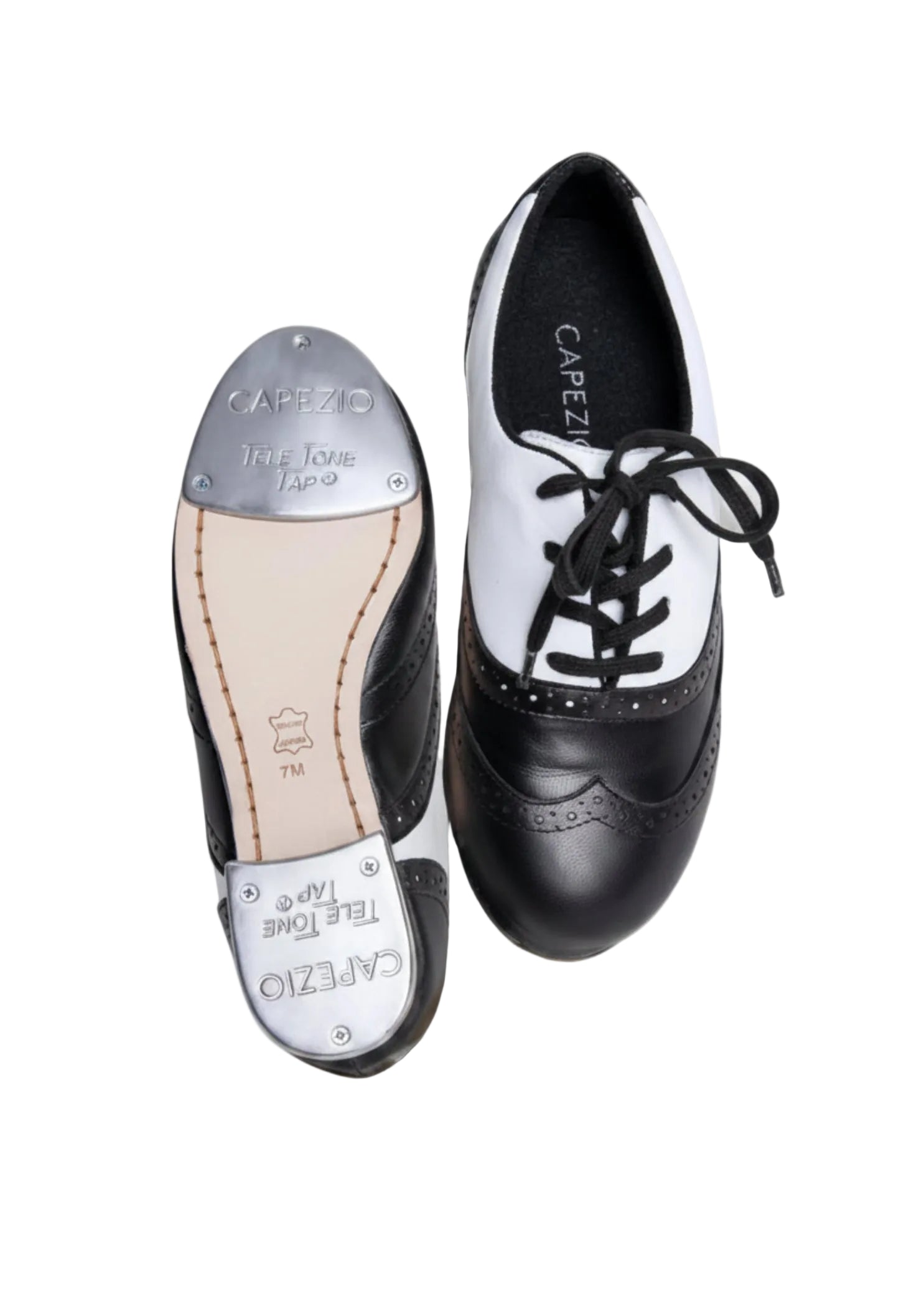 Capezio Leather tap shoe in black and white, outsole and top view showing Tele Tone taps and double-layer sole