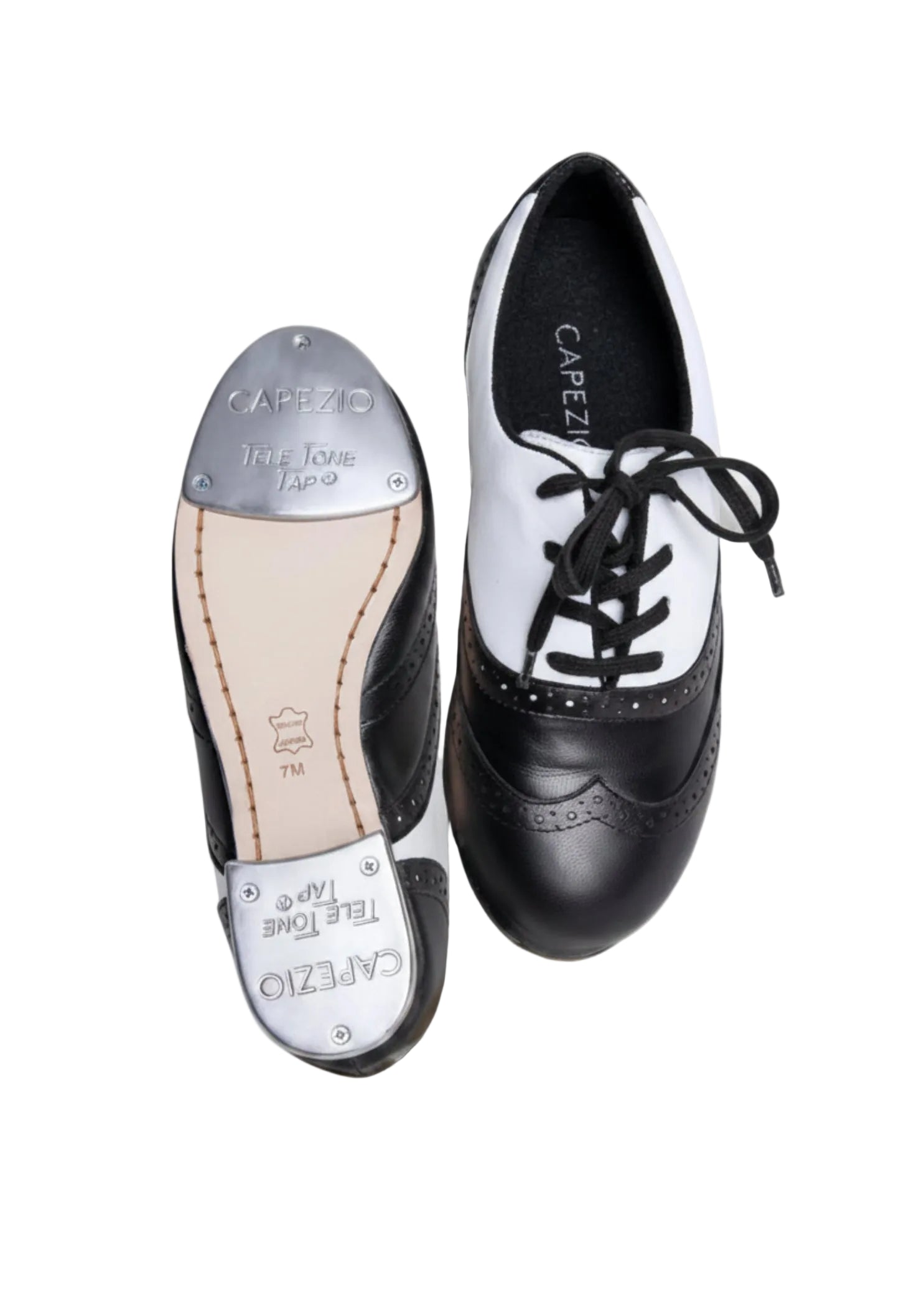 Capezio Leather tap shoe in black and white, outsole and top view showing Tele Tone taps and double-layer sole