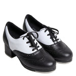 Capezio Roxy Savage Tap Shoe in Black and White, angled front view showing leather upper and Tele Tone taps
