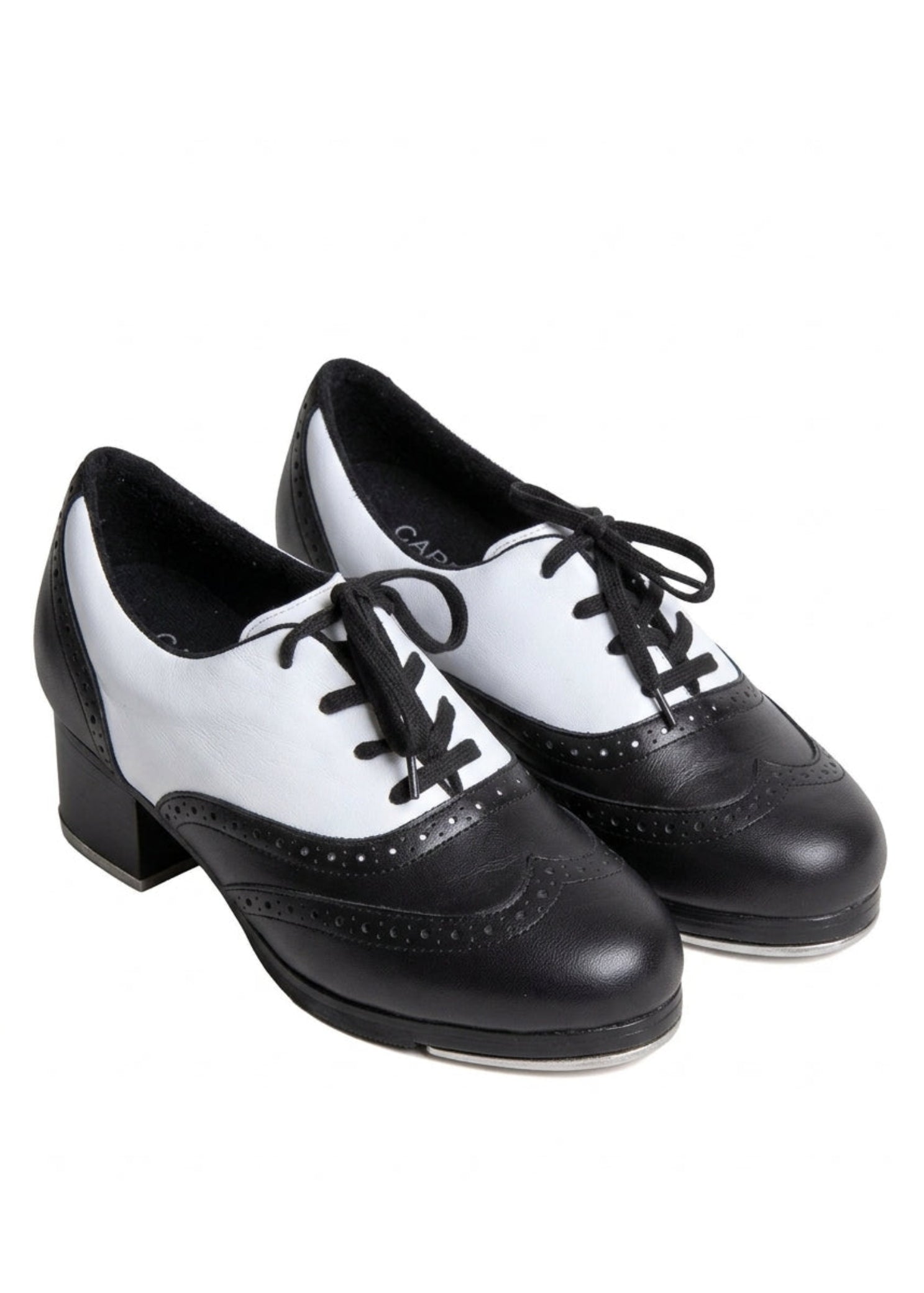 Capezio Roxy Savage Tap Shoe in Black and White, angled front view showing leather upper and Tele Tone taps