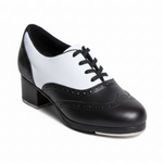 Capezio Roxy Savage Tap Shoe in Black and White, angled front view showing leather upper and Tele Tone taps