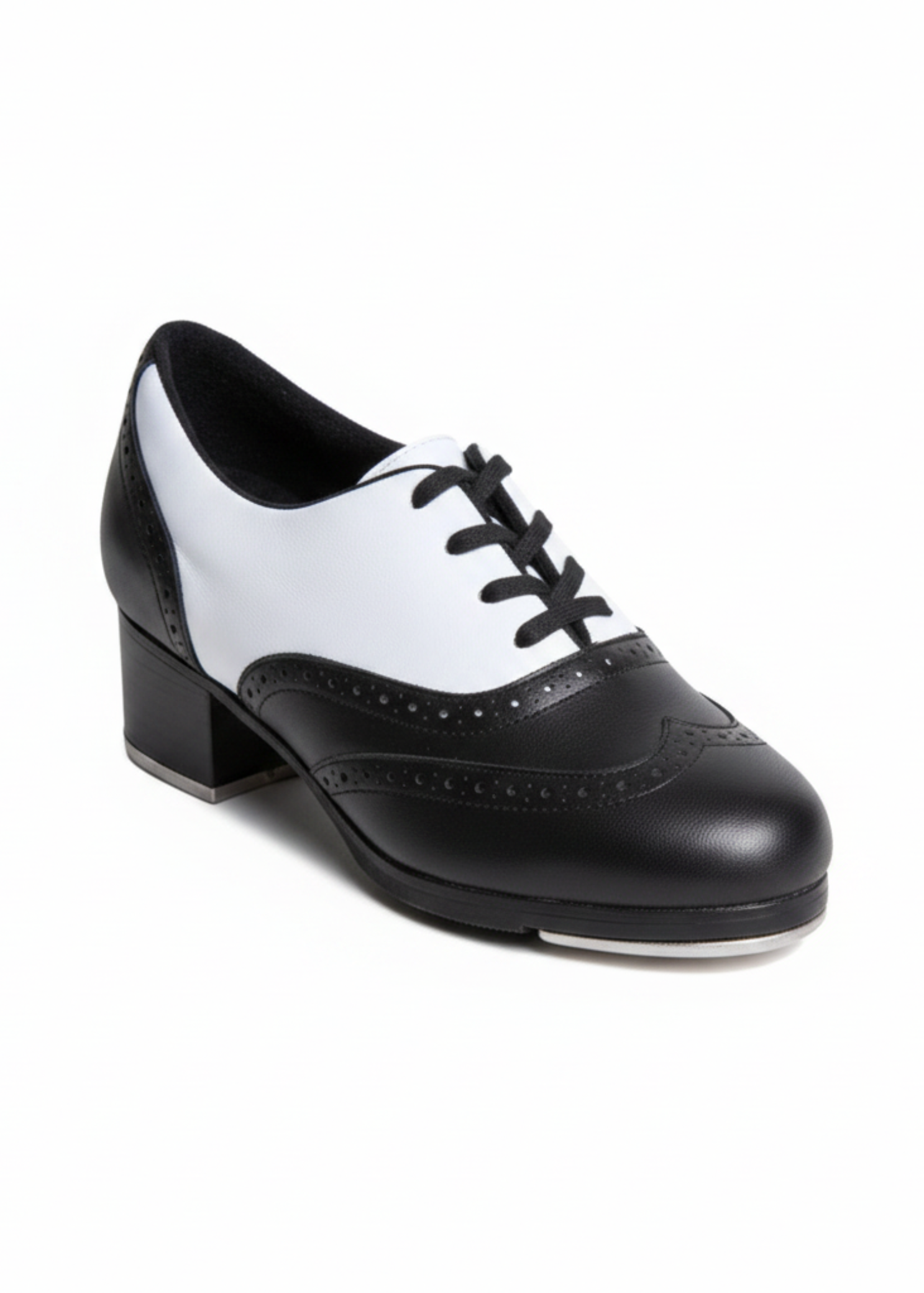 Capezio Roxy Savage Tap Shoe in Black and White, angled front view showing leather upper and Tele Tone taps
