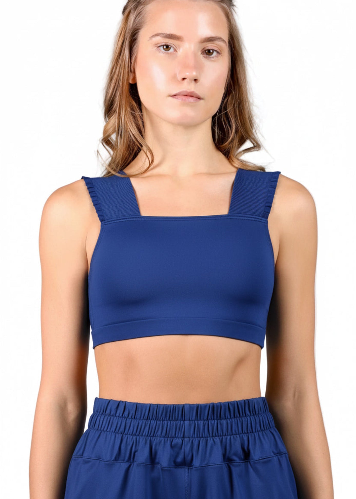 Ruffle Strap Crop Top Sapphire front view