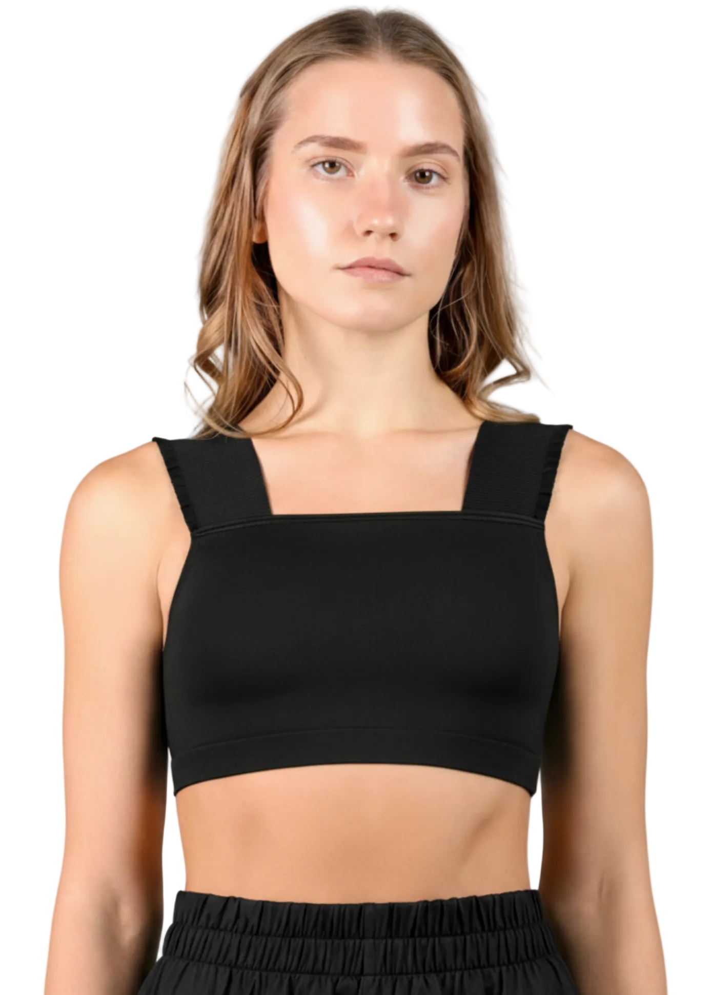 Ruffle Strap Crop Top Black front view