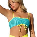 Tiger Friday Rumba Crop in Ibiza Sun, front view showing adjustable cinch tie and spaghetti straps