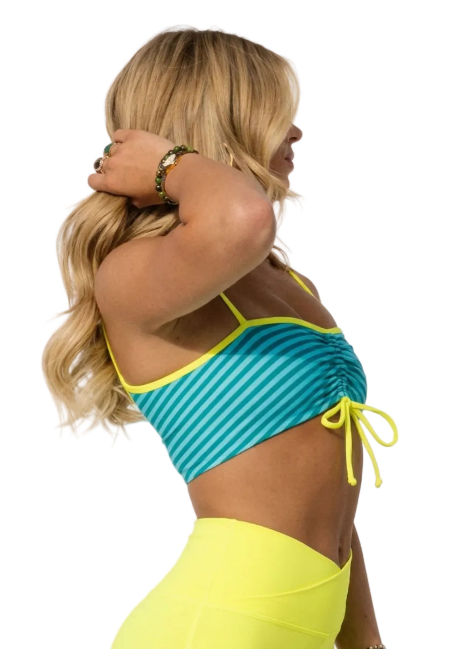 Tiger Friday Rumba Crop in Ibiza Sun, side view showing spaghetti straps and crop fit