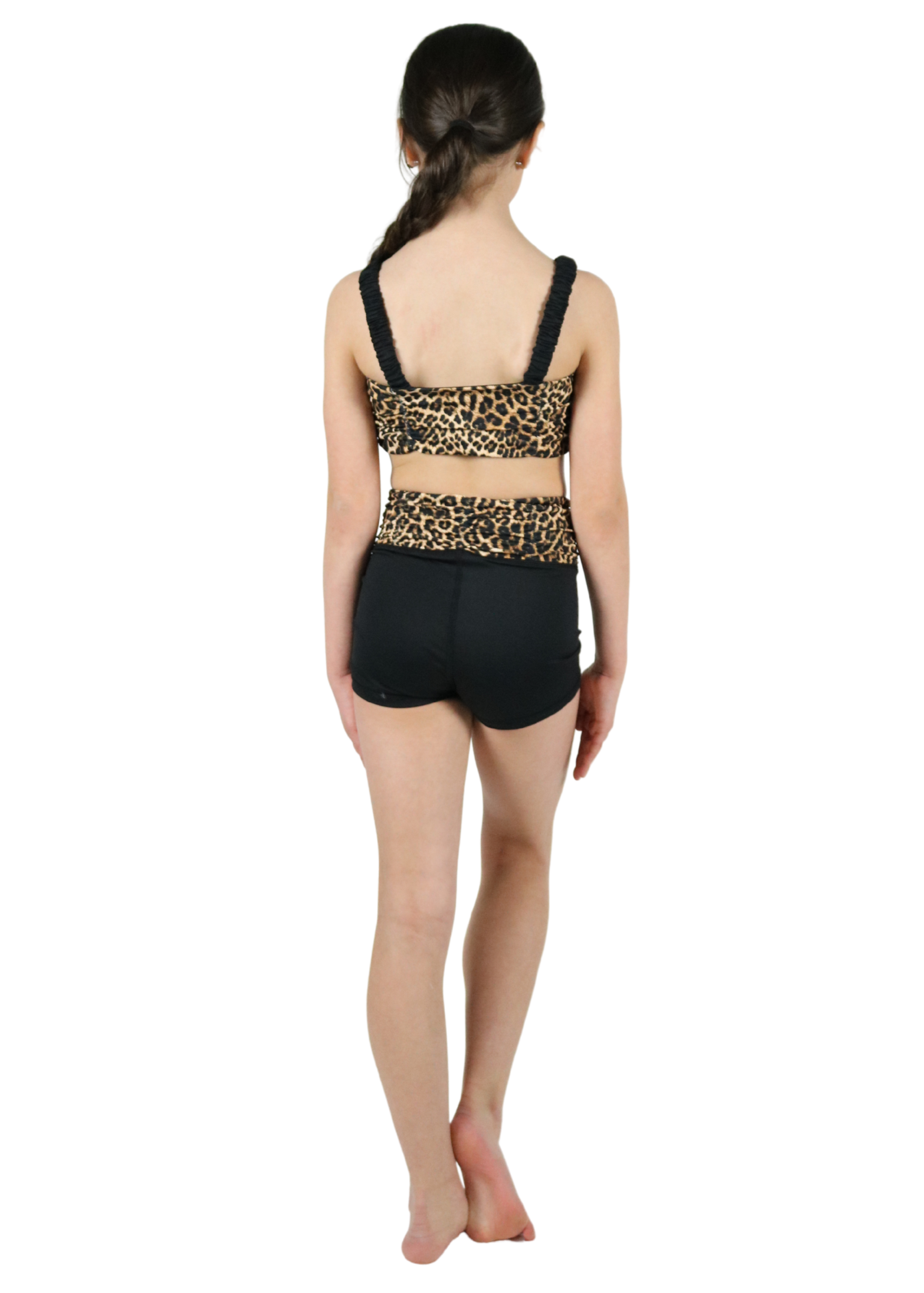 XO Dance Company Sassy Scrunch Top in Cheetah, back view showing cheetah print top with wide black straps and black underband
