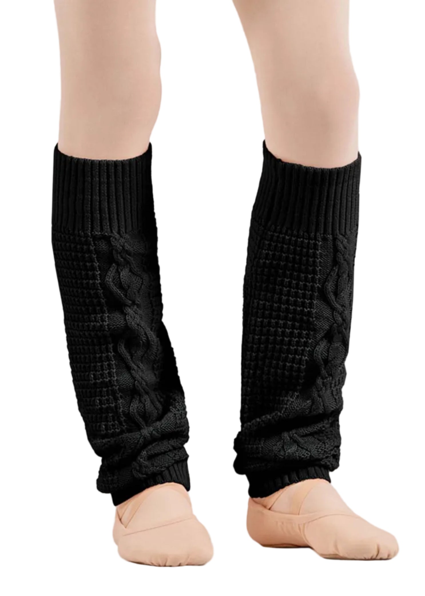 Bloch Cotton Sadie Cable Legwarmer in Black, front view showing knee-length cable knit and footless design