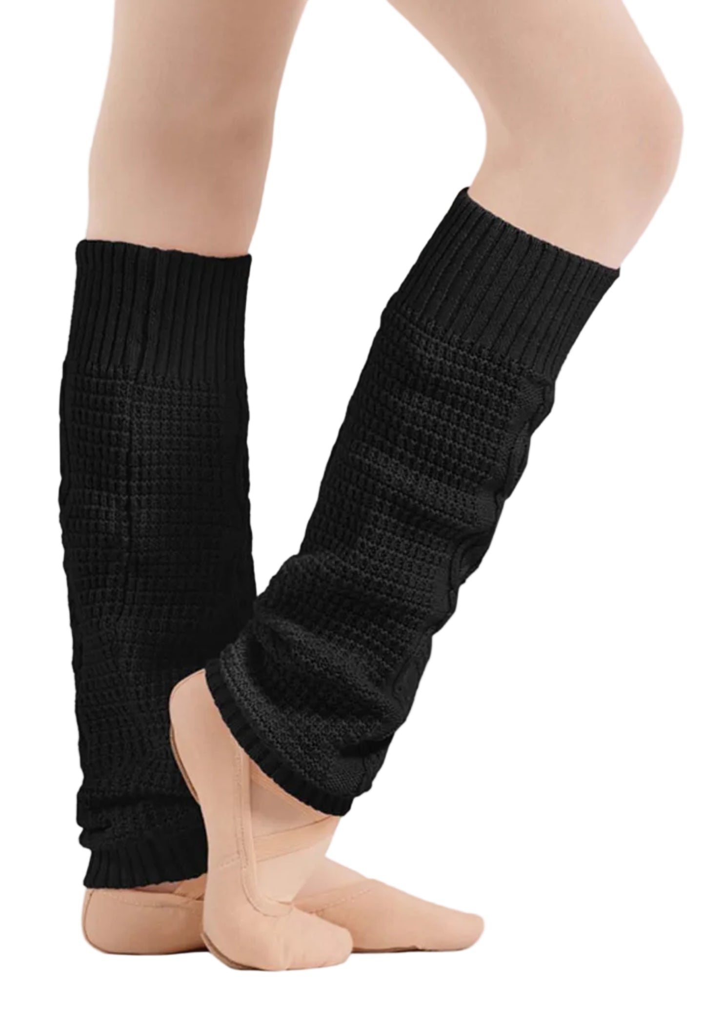 Bloch Cotton Sadie Cable Legwarmer in Black, side view showing knee-length cable knit and footless design