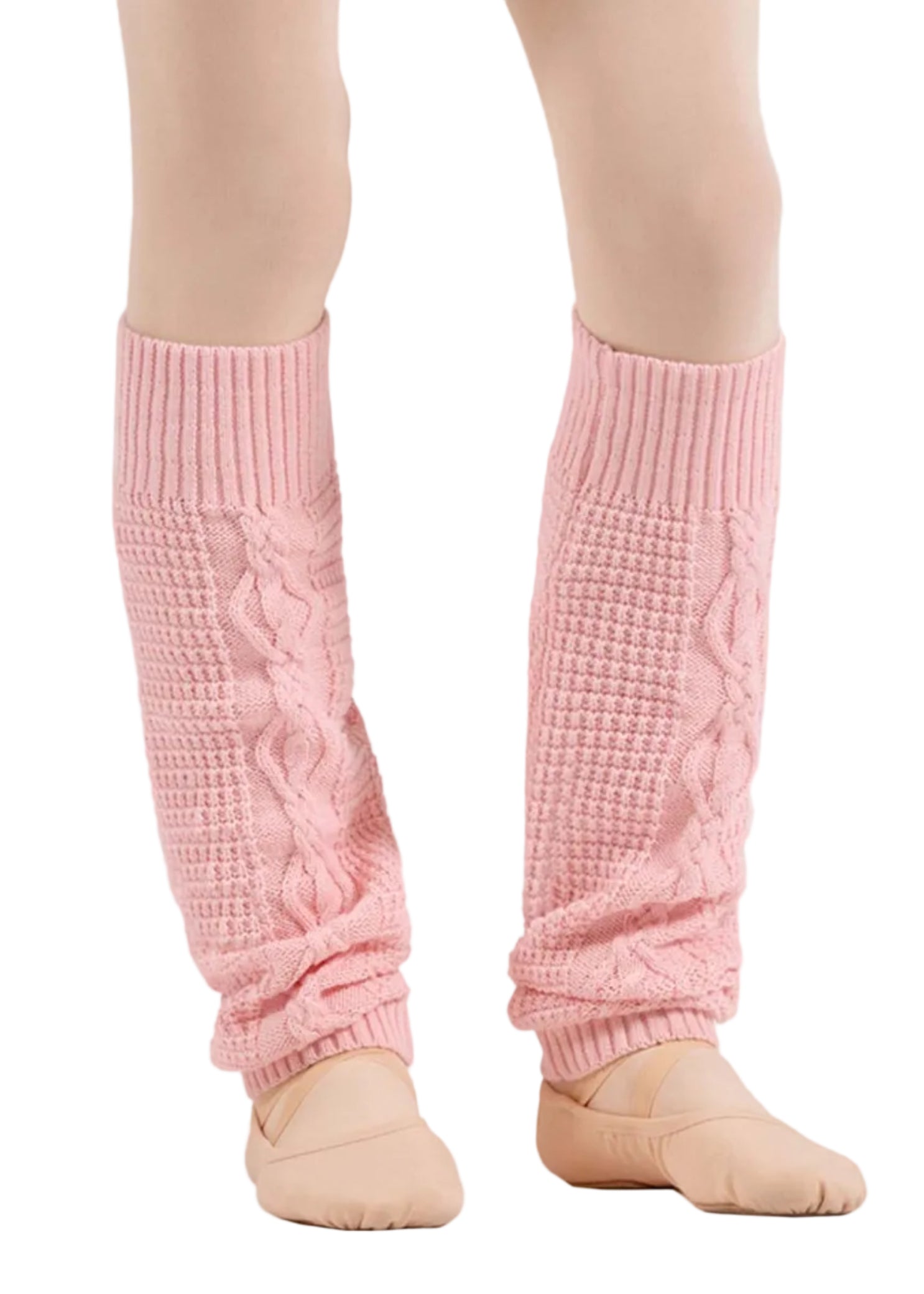 Bloch Cotton Sadie Cable Legwarmer in Candy Pink, front view showing knee-length cable knit and footless design