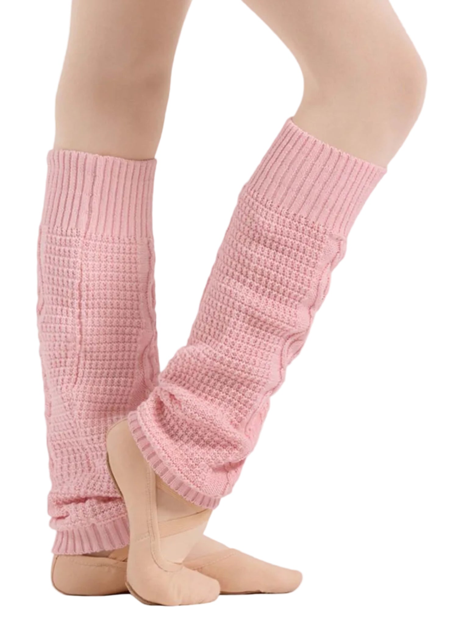 Bloch Cotton Sadie Cable Legwarmer in Candy Pink, side view showing knee-length cable knit and footless design