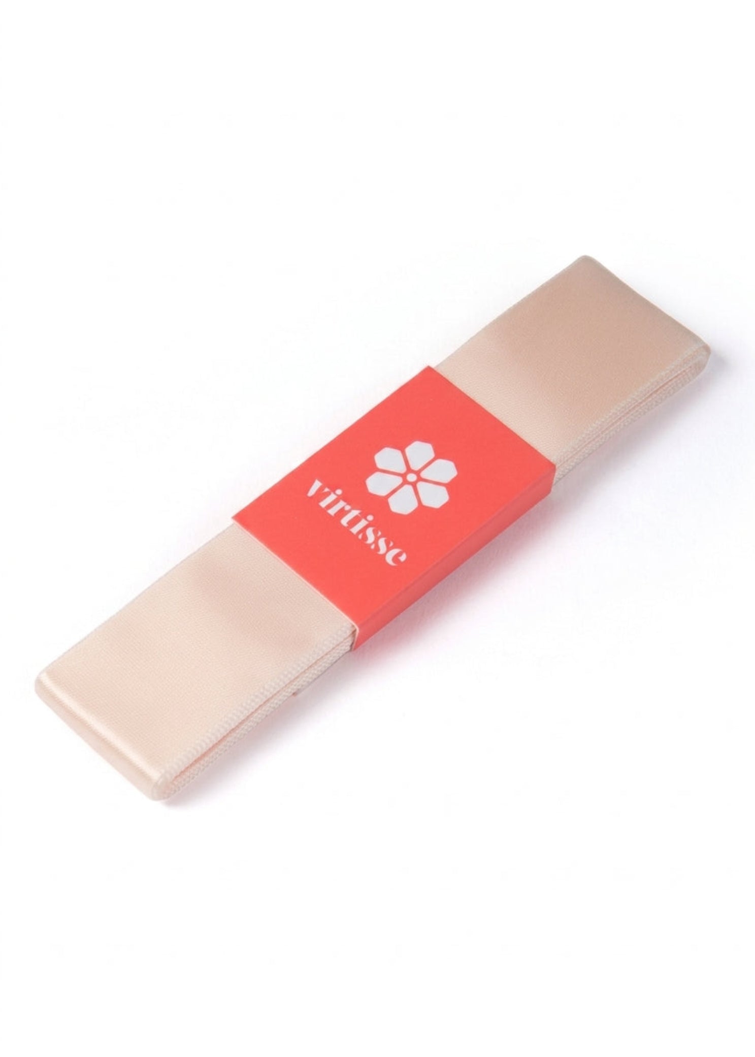 Virtisse Satin Pointe Shoe Ribbon in Pink, front view showing folded polyester satin ribbon with red paper band