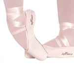 So Danca Satin Ribbon (2.5 yds), lifestyle view showing smooth ribbon crossed over pointe shoes and around ankles