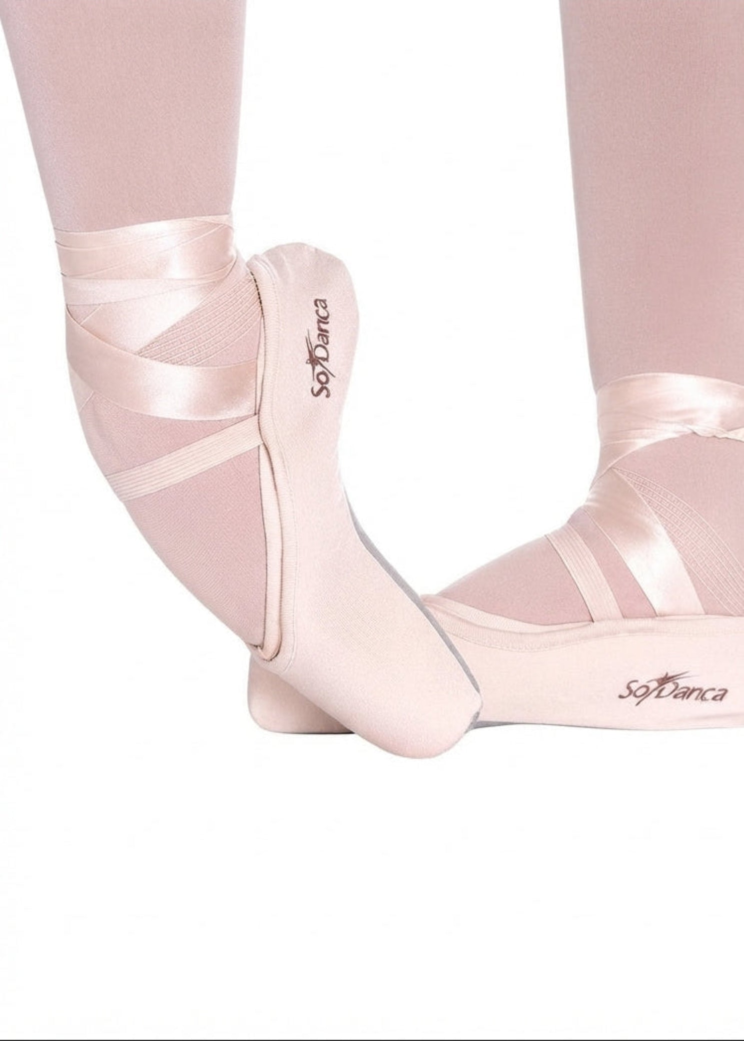 So Danca Satin Ribbon (2.5 yds), lifestyle view showing smooth ribbon crossed over pointe shoes and around ankles