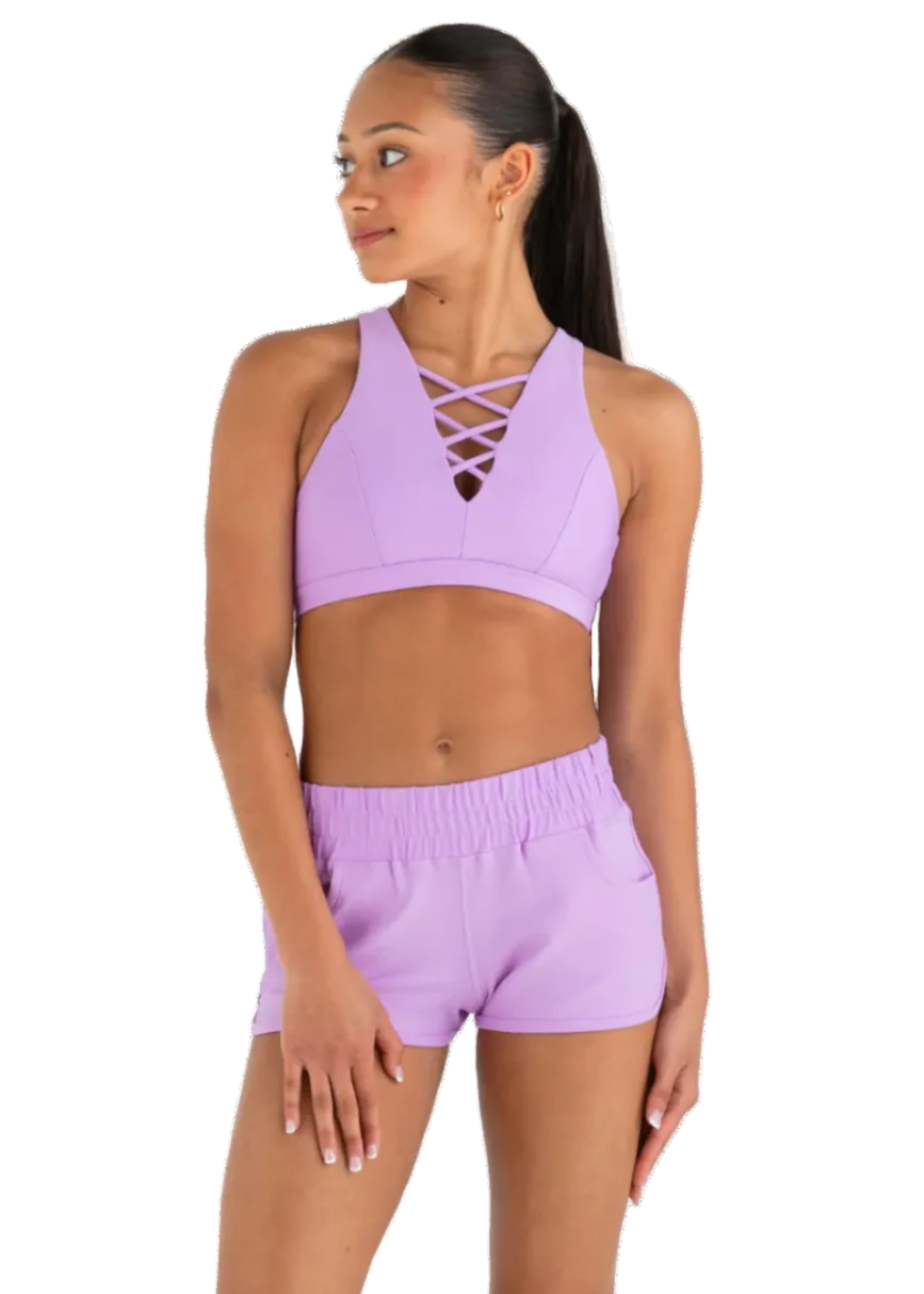 Ecstatic Crop Top Lavender/Mint & Hi-Waisted Short Petal front view