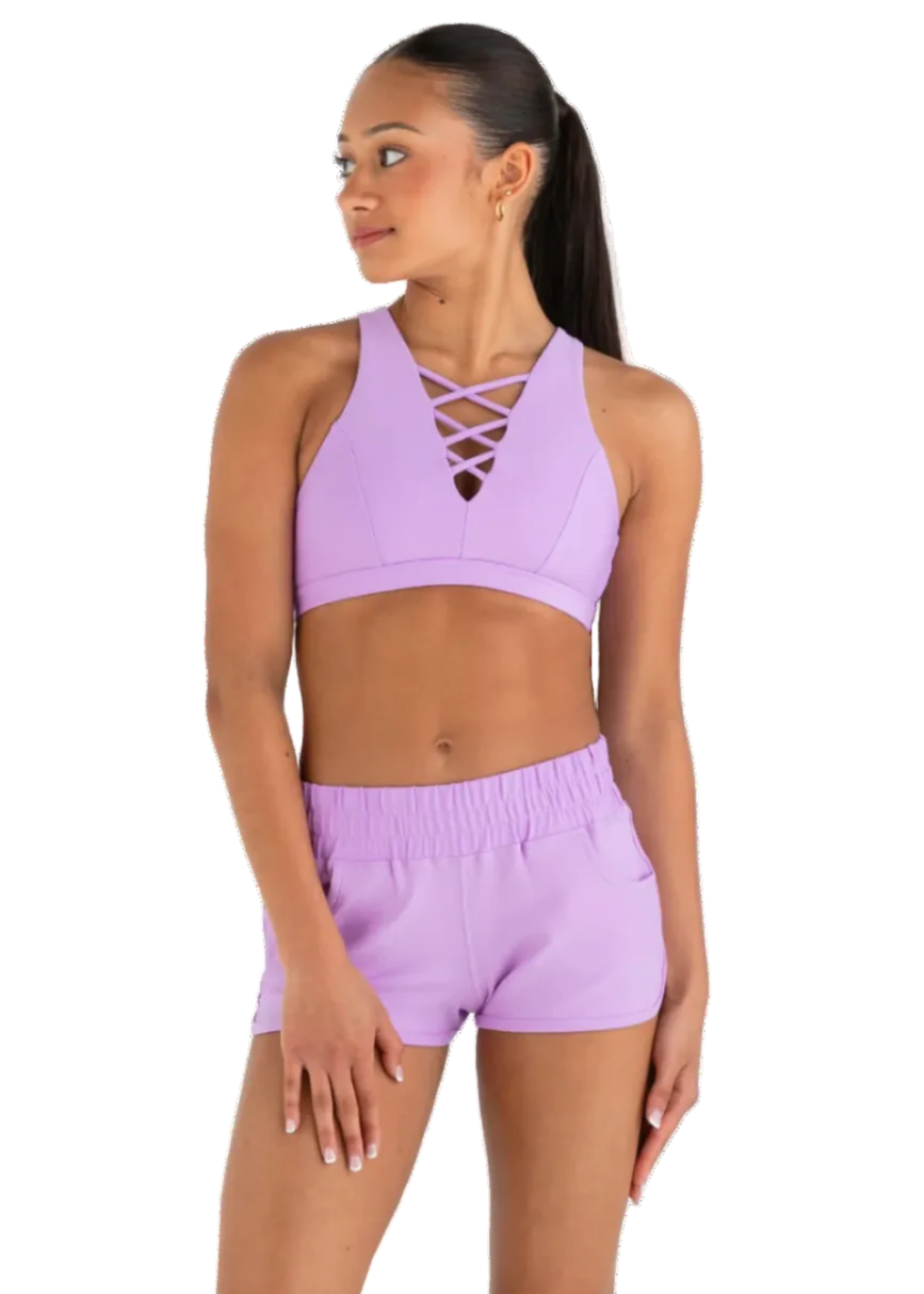 Ecstatic Crop Top Lavender/Mint & Hi-Waisted Short Petal front view