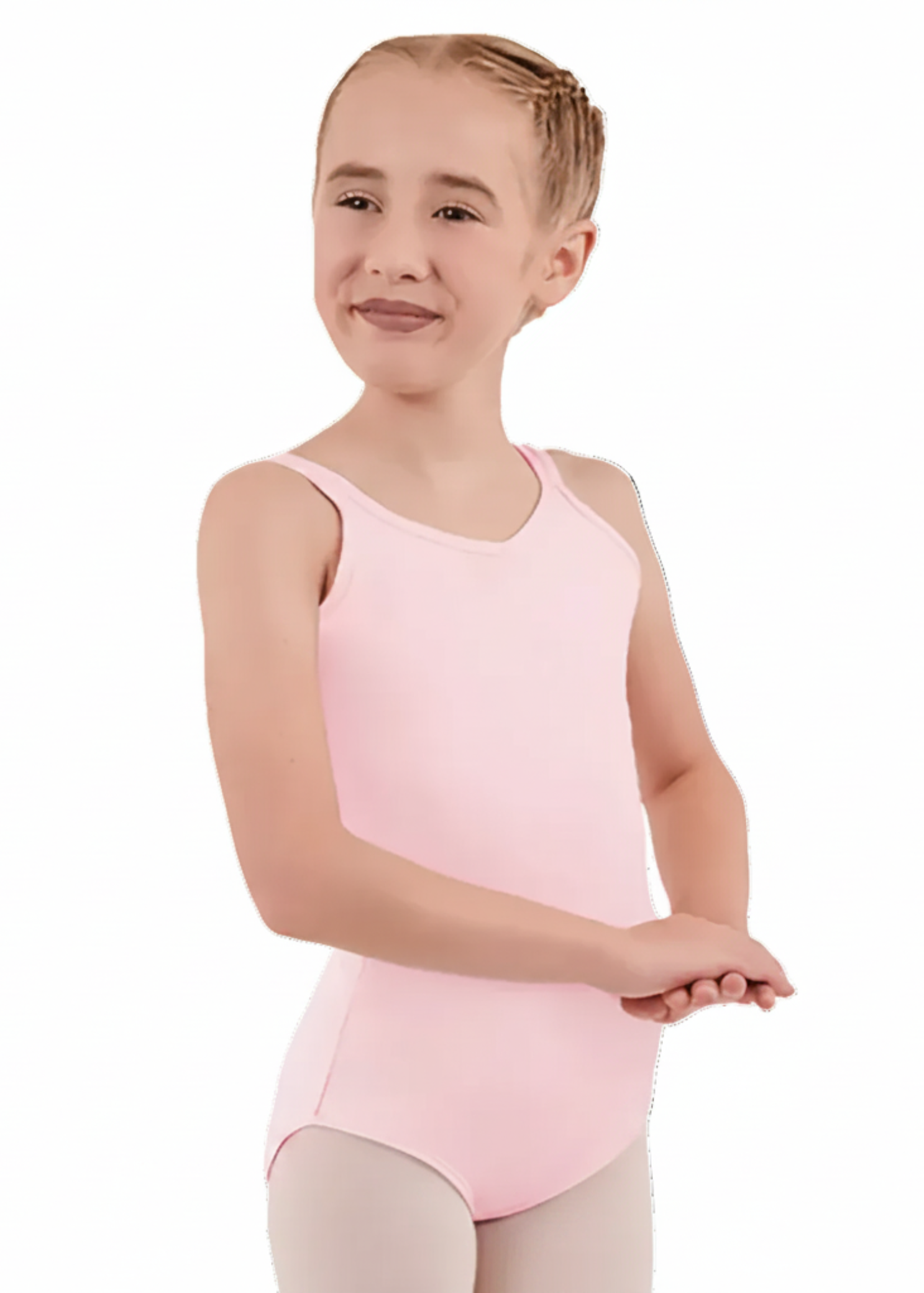 Eurotard Double Strap Leotard in Pink, front view showing scoop neck with wide tank straps and smooth solid body