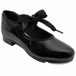 Capezio Patent PVC tap shoe in black, lateral side view showing grosgrain ribbon tie and Tele Tone taps