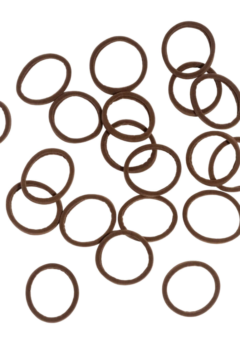 Kitsch Seamless Hair Elastics in Brown, top view showing 20 seamless elastic hair ties laid flat
