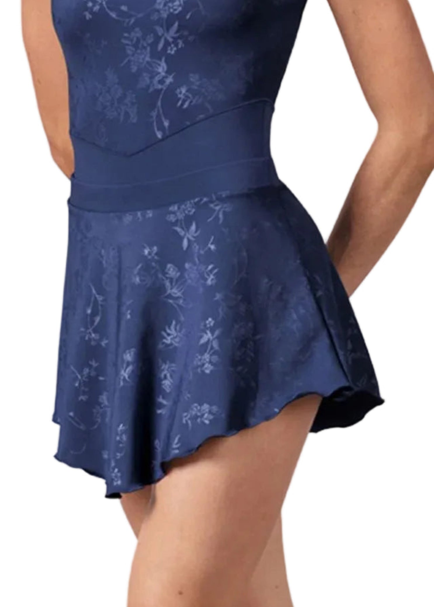 Bloch Selena Floral Skirt in Eclipse Blue, detail view showing floral print, elastic waistband and curved hem