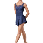 Bloch Selena Floral Skirt in Eclipse Blue, front view showing polyester-elastane fabric, floral print and curved hem