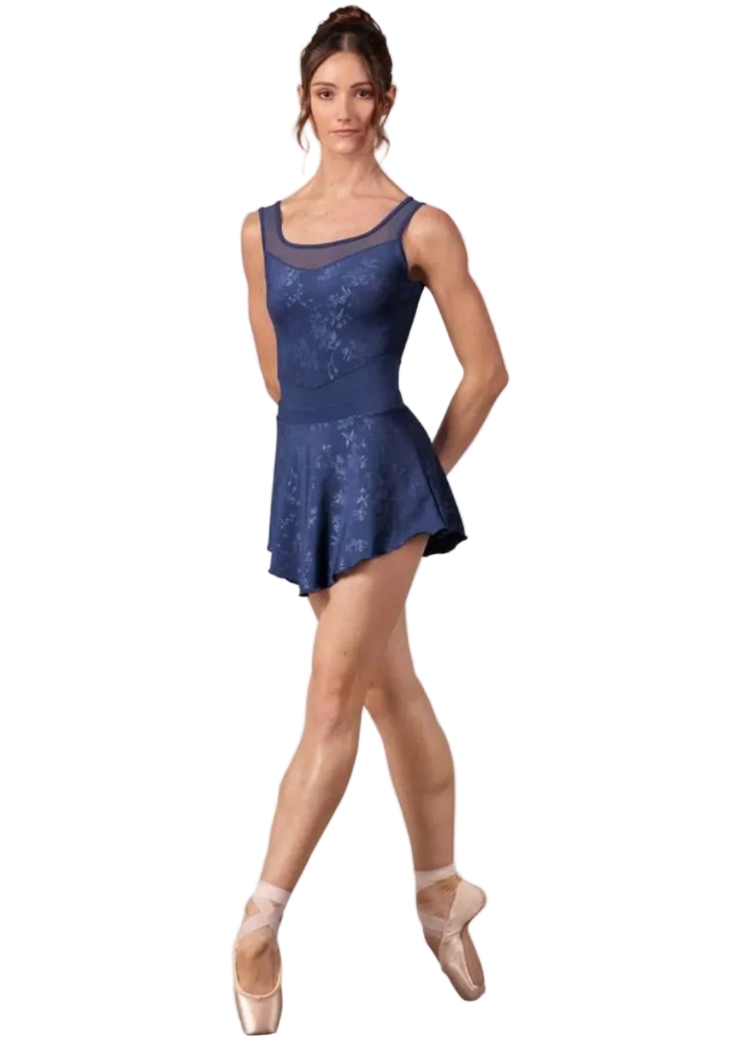 Bloch Selena Floral Skirt in Eclipse Blue, front view showing polyester-elastane fabric, floral print and curved hem